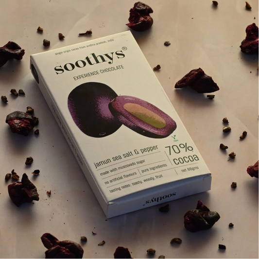 70% Dark Vegan Chocolate Bars with Jamun, Sea Salt and Pepper | 88gms