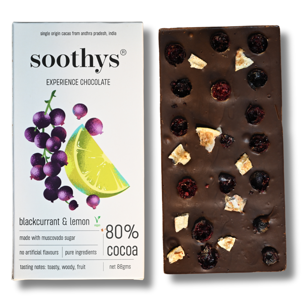 80% Dark Vegan Chocolate Bars Blackcurrant and Lemon | 88gms