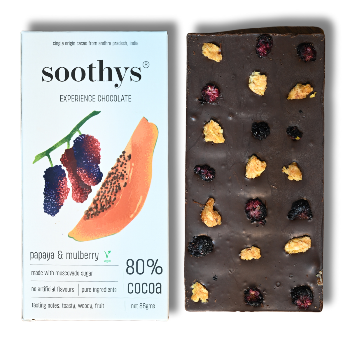 80% Dark Vegan Chocolate Bars Mulberry and Papaya | 88gms